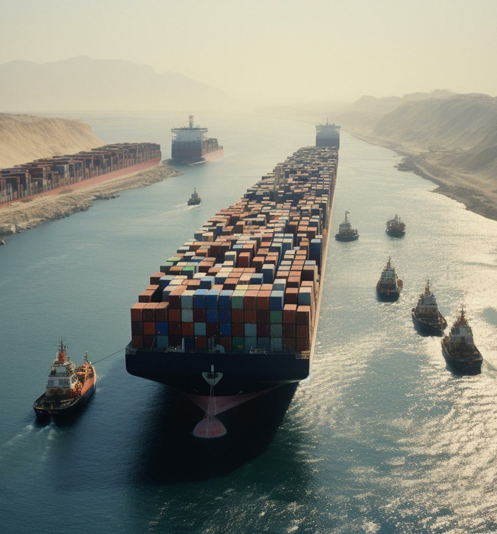 Container ship stuck in Suez Canal causing a maritime traffic jam. Generative AI